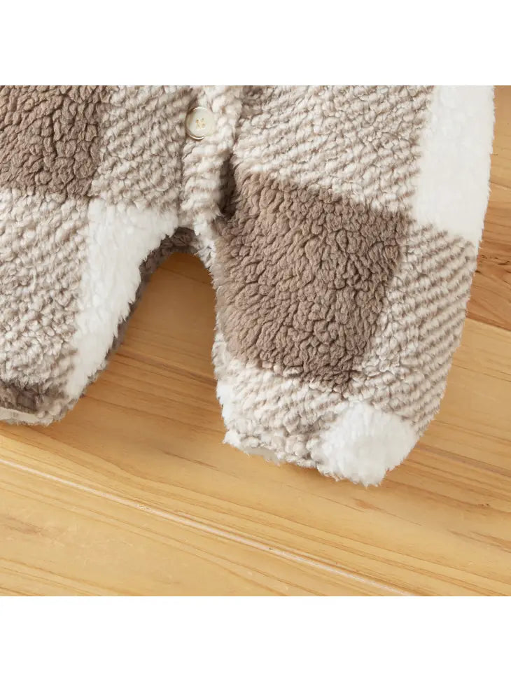 Khaki Plaid Fluffy Fleece Baby Lapel Long-Sleeve Jumpsuit