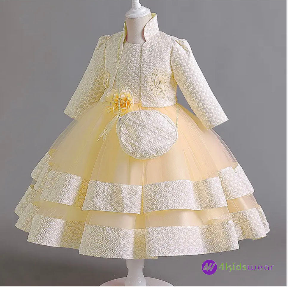 Puffy Dress for Girls Jacquard Pattern Tulle Patchwork Children Clothing 3D Appliques Casual Birthday Dresses