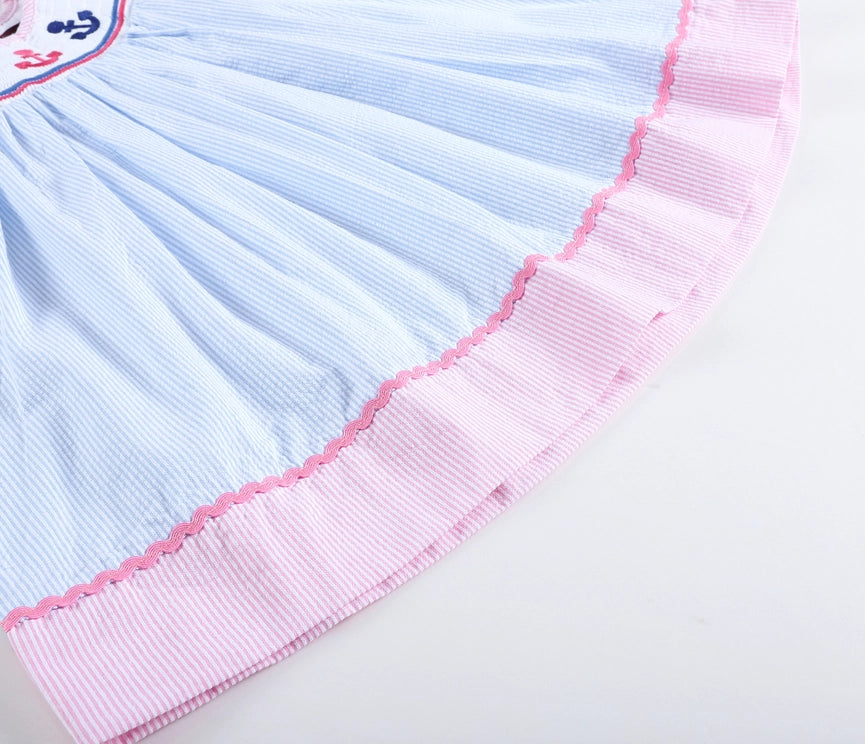 Pink + Blue Striped Smocked Baby Bishop Dress with Anchor