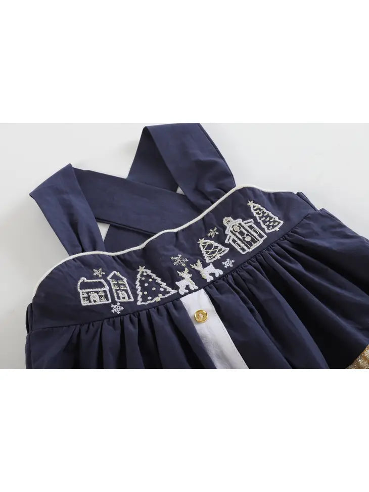 Navy and Gold Christmas Scene Baby A-Line Dress