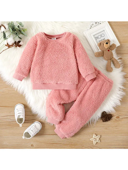 2pcs Baby Boy/Girl Thermal Fuzzy Pullover and Pants Set