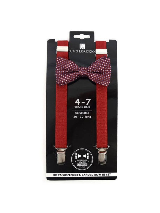 Boy 's BURGUNDY CLIP-ON SUPENDER &DOTS BOW TIE SET