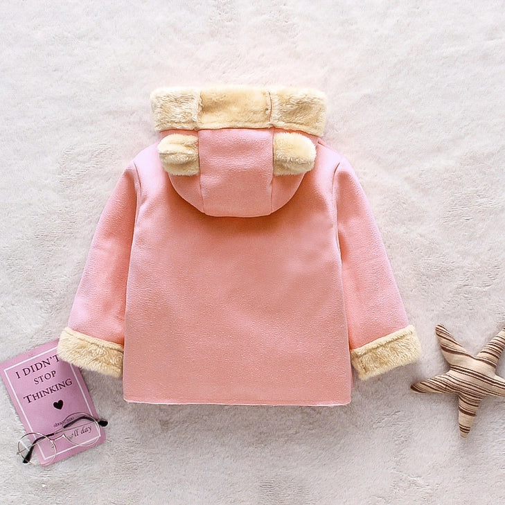 3D Ear Solid Suede and Fleece Baby Hooded Coat Jacket