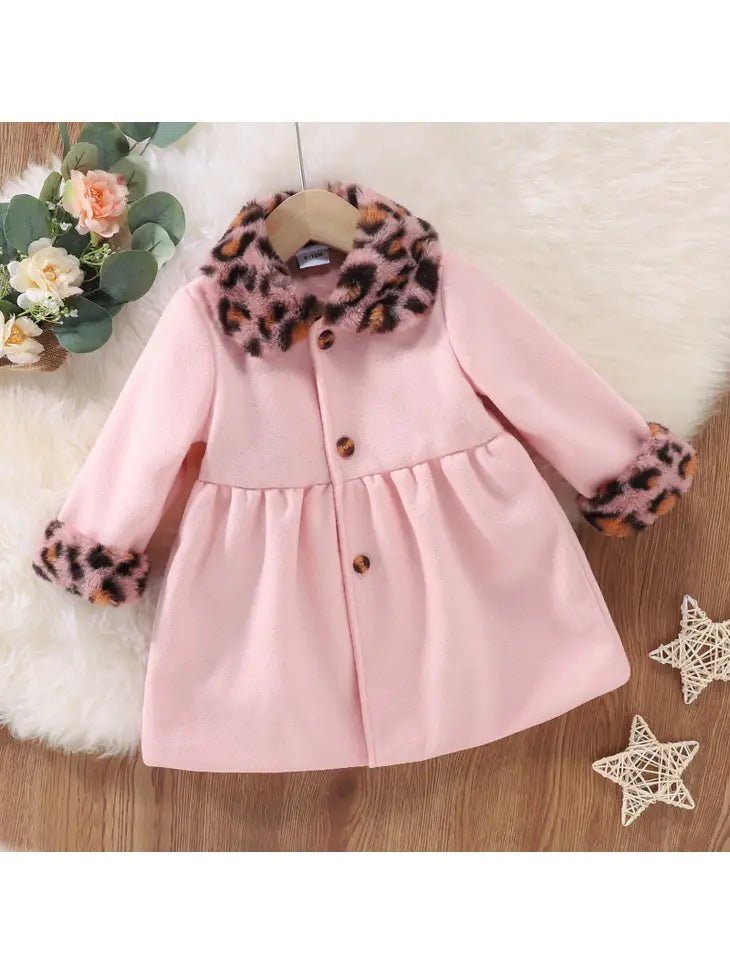 Baby Solid Pink Wool Blend Coat with Leopard Faux Fur Collar