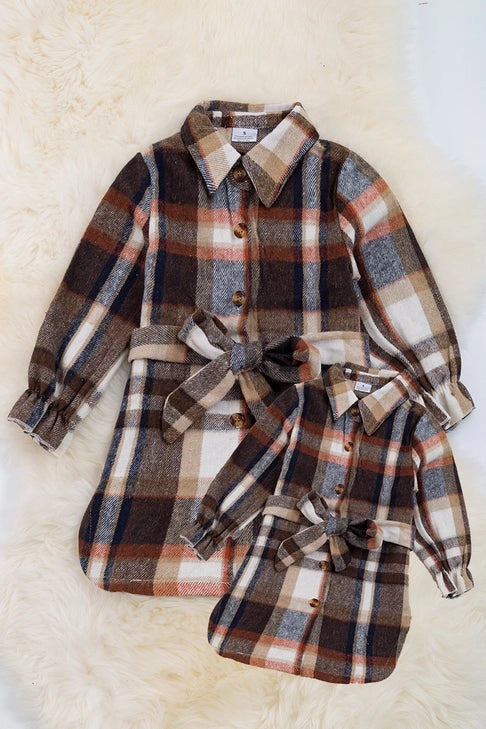 Girls Brown Plaid Dress/Cardigan with Belt. TPG60133005 Mary
