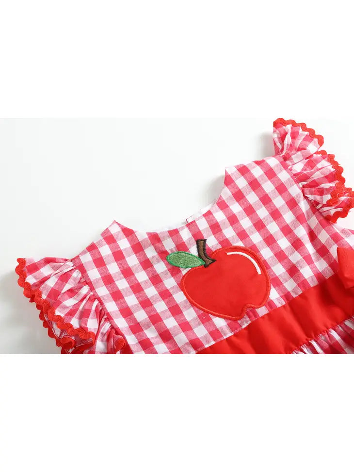 Red Gingham Apple Tie-Accent Angel-Sleeve Baby Dress