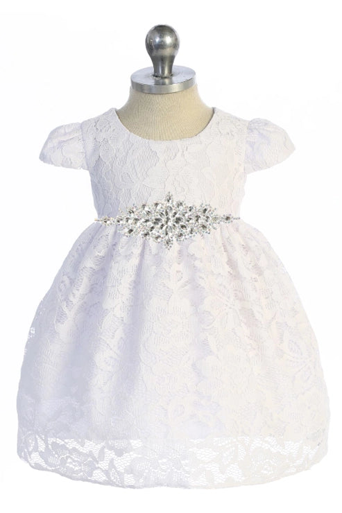 Lace V Back Bow Baby Dress w/ Diamond Shape Rhinestone Trim