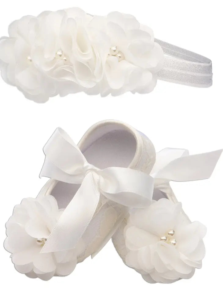 Ivory Lace Baptism Shoe and Headband Set For Baby Girls