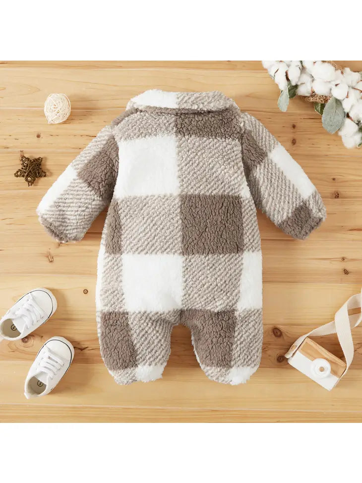 Khaki Plaid Fluffy Fleece Baby Lapel Long-Sleeve Jumpsuit