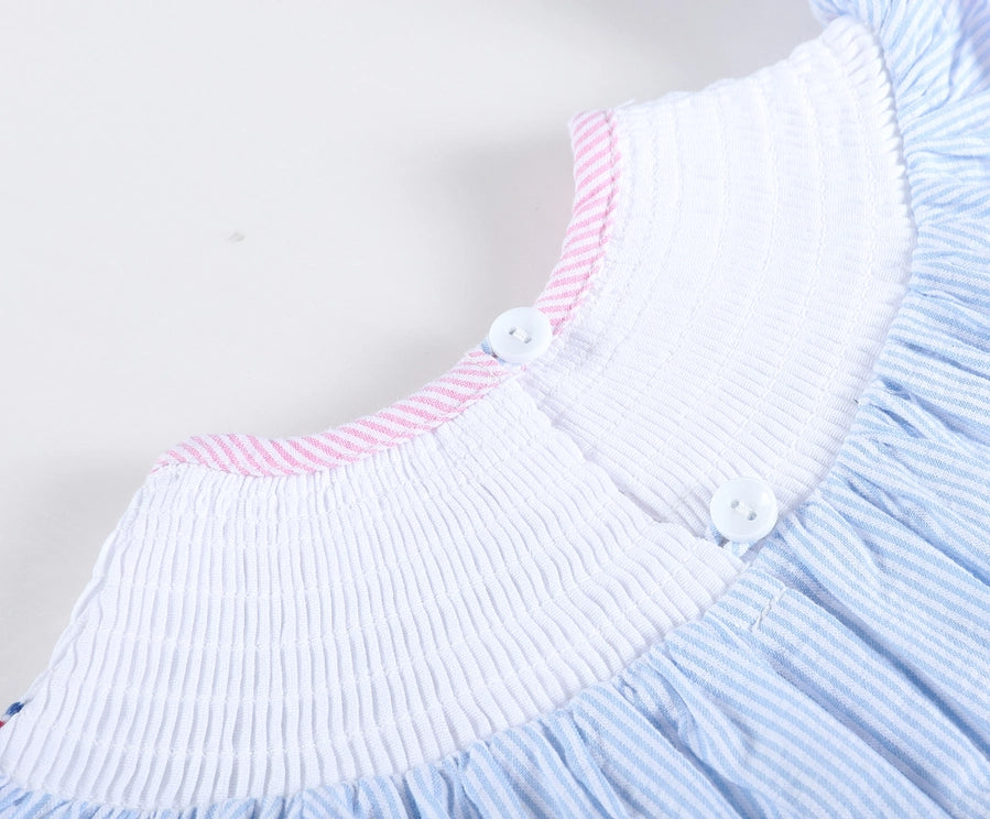 Pink + Blue Striped Smocked Baby Bishop Dress with Anchor