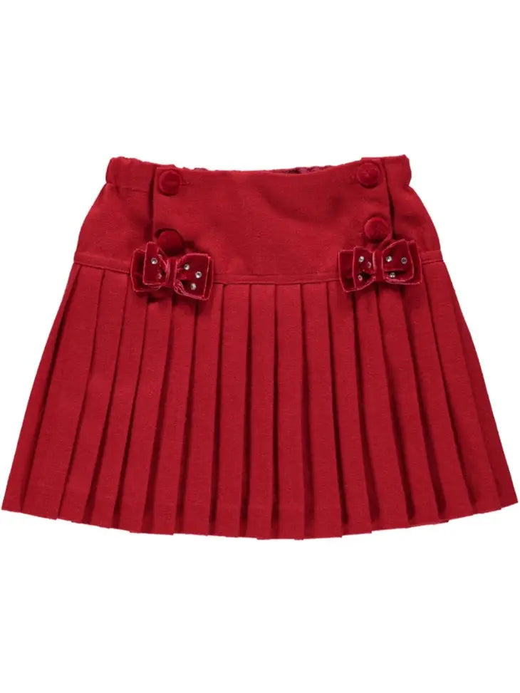 Pleated Red Skirt with Velvet Buttons and Bows