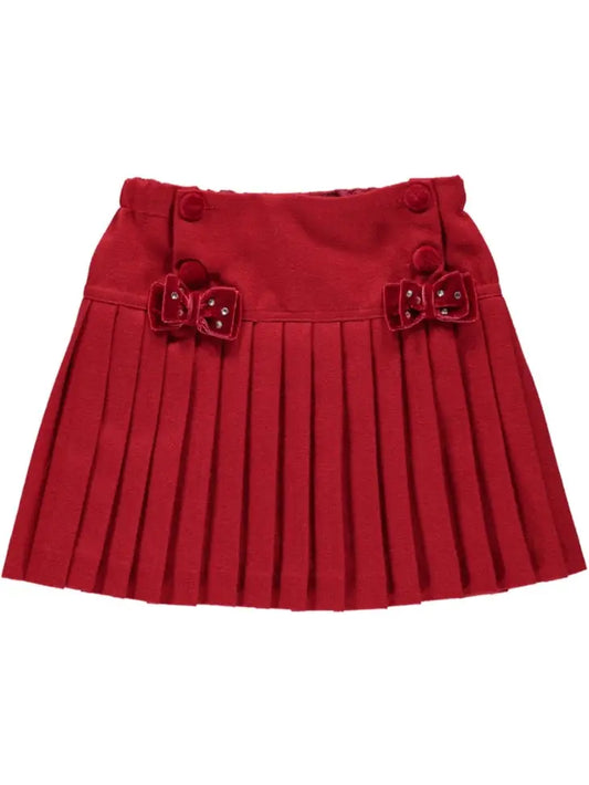 Pleated Red Skirt with Velvet Buttons and Bows