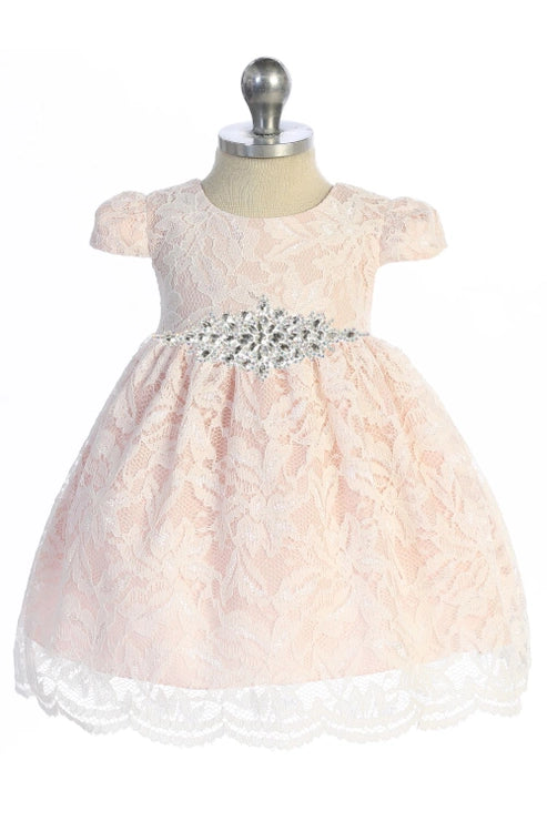 Lace V Back Bow Baby Dress w/ Diamond Shape Rhinestone Trim