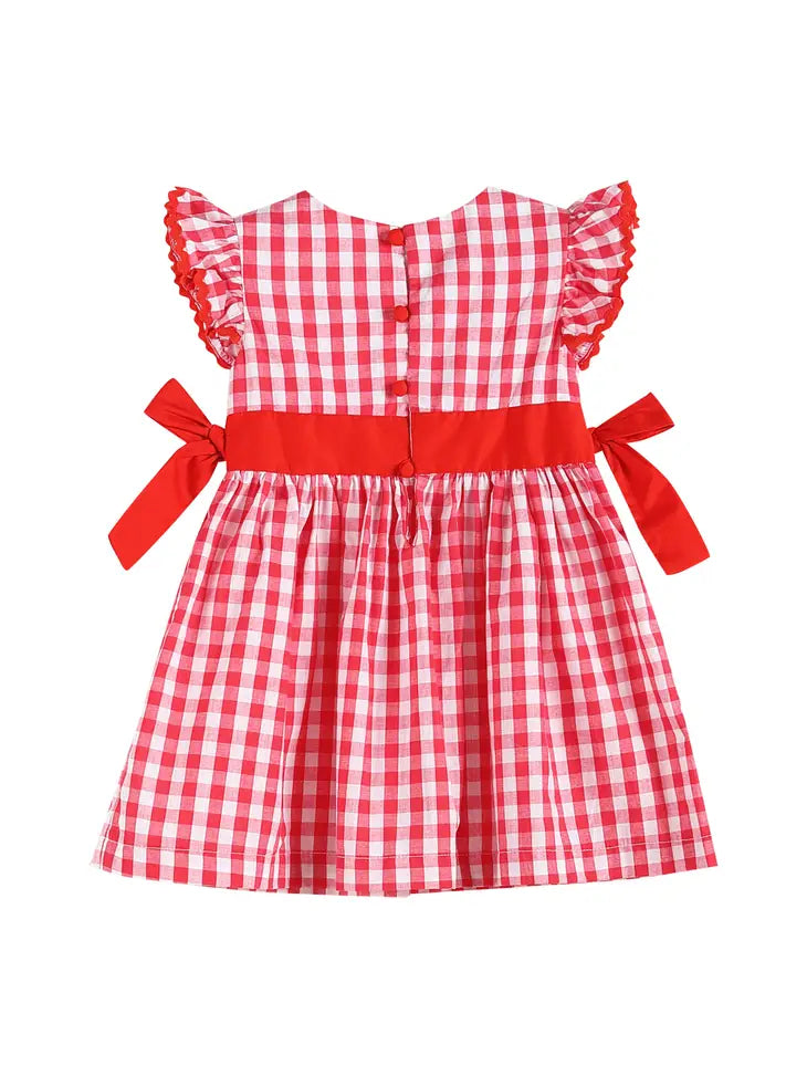 Red Gingham Apple Tie-Accent Angel-Sleeve Baby Dress