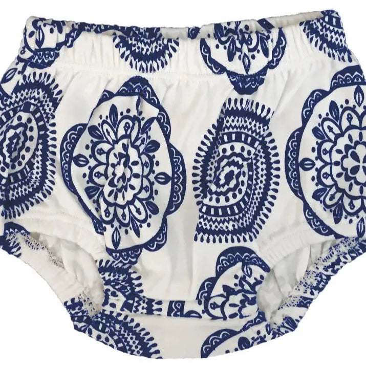Blue & White Medallion Baby Girl Organic Cotton Bloomers