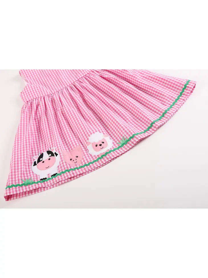 Pink Gingham Farm Animals Baby Dress
