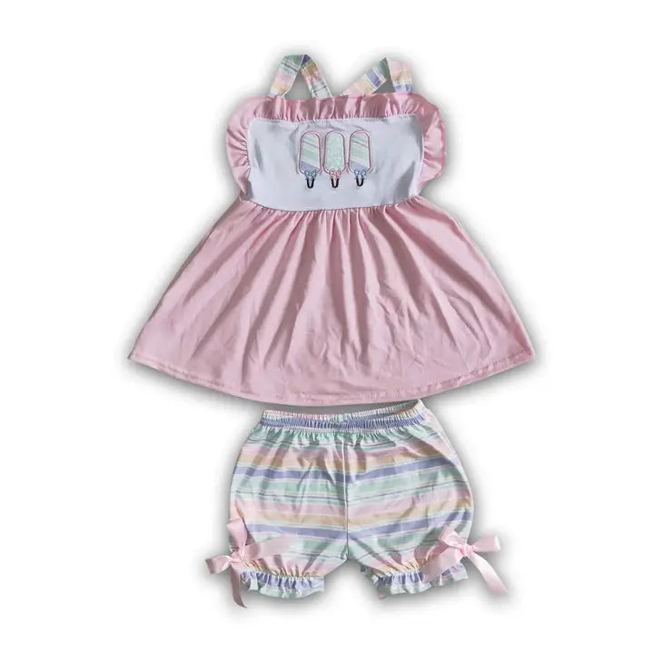 Popsicle embroidery stripe shorts girls summer clothes