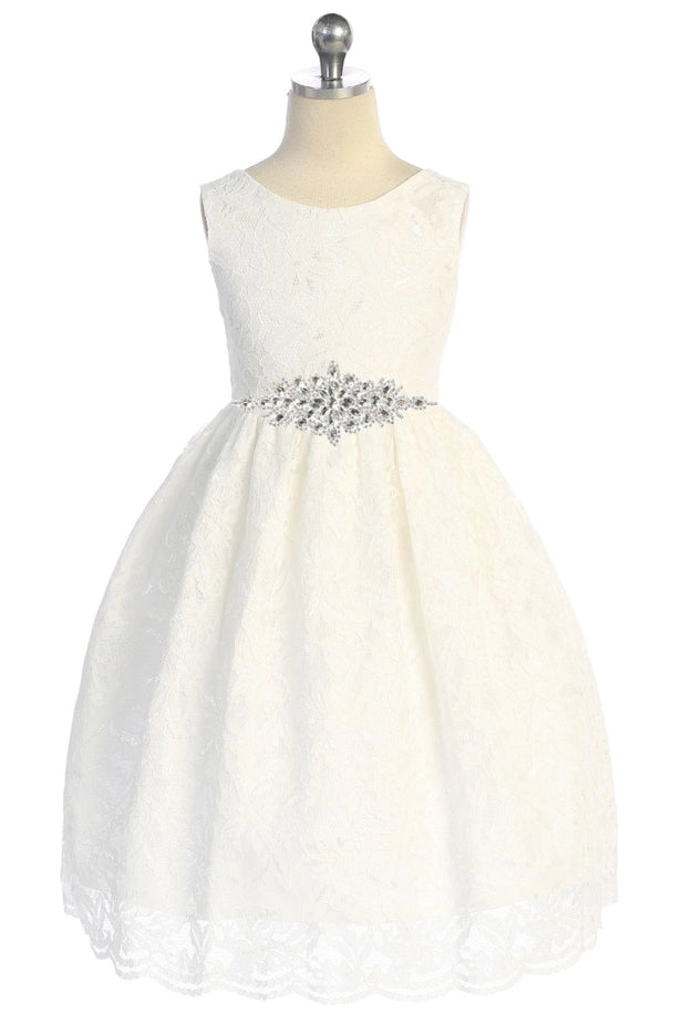 Lace V Back Bow Dress w/ Diamond Shape Rhinestone Trim