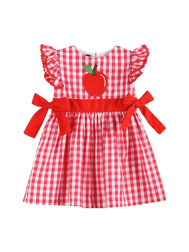 Red Gingham Apple Tie-Accent Angel-Sleeve Baby Dress