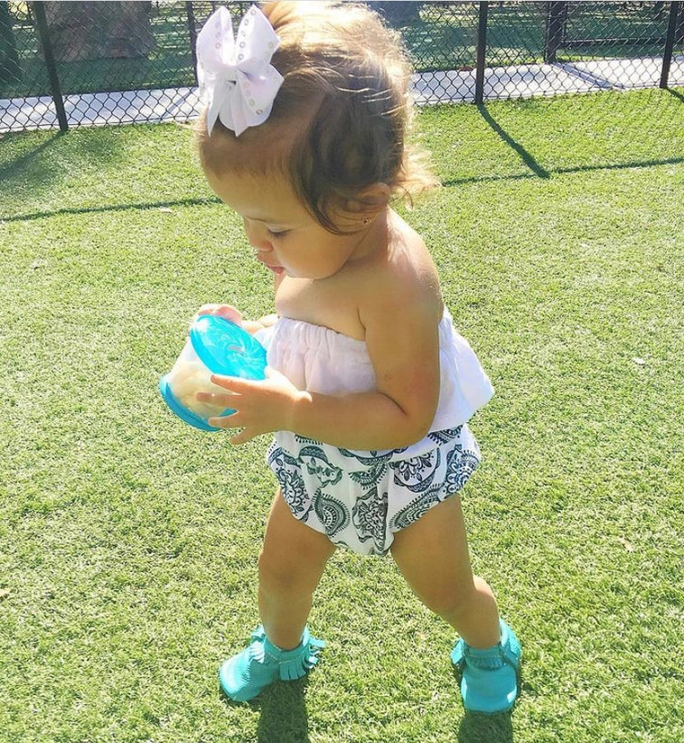 Blue & White Medallion Baby Girl Organic Cotton Romper