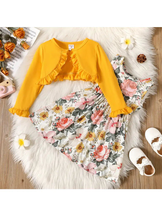 2-piece Toddler Girl Floral Sleeveless Dress Cardigan Set