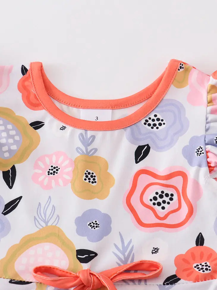 Orange Floral Print Ruffle Dress