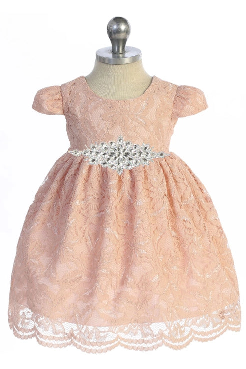 Lace V Back Bow Baby Dress w/ Diamond Shape Rhinestone Trim