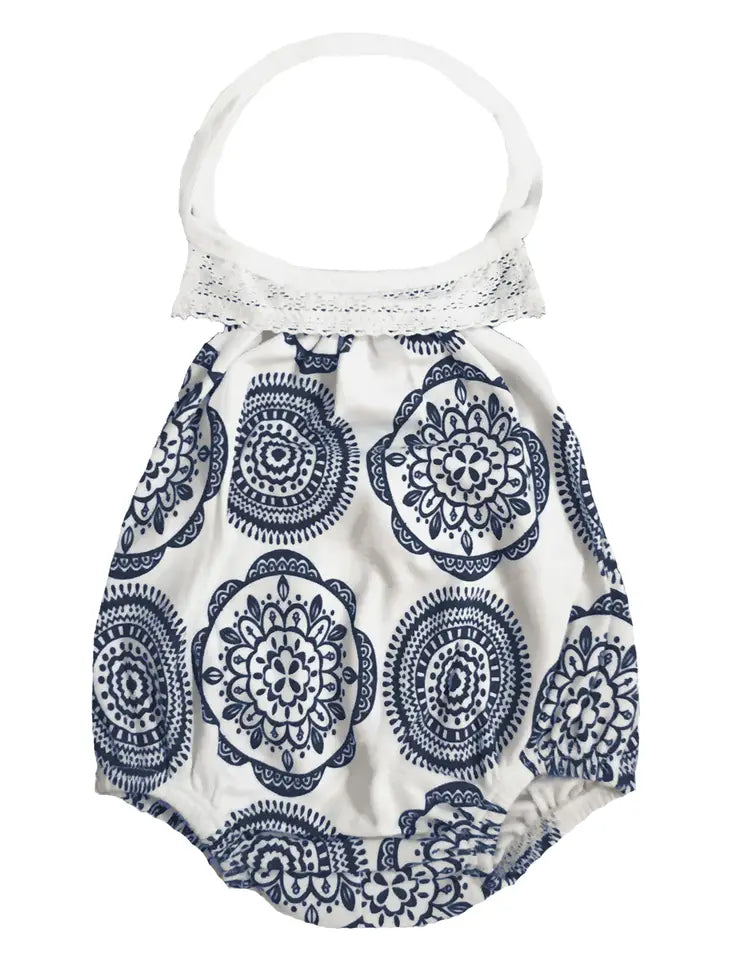 Blue & White Medallion Baby Girl Organic Cotton Playsuit