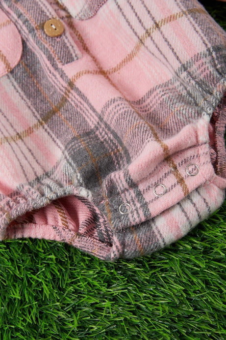 Pink Plaid Fleece Fabric Baby Onesie w/ Snaps