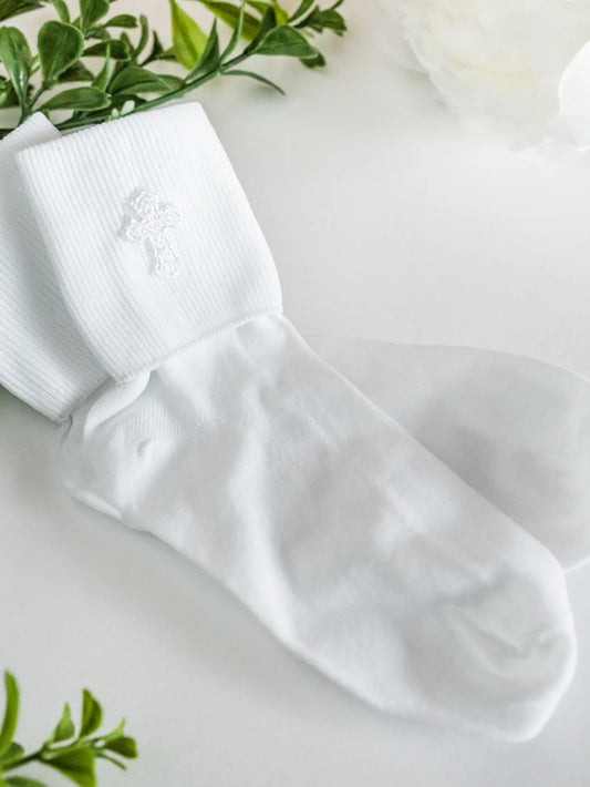 White Unisex First Communion Dress Socks with Cross