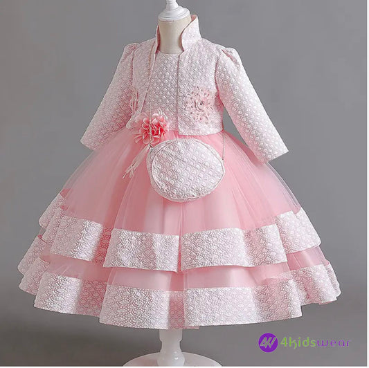 Puffy Dress for Girls Jacquard Pattern Tulle Patchwork Children Clothing 3D Appliques Casual Birthday Dresses