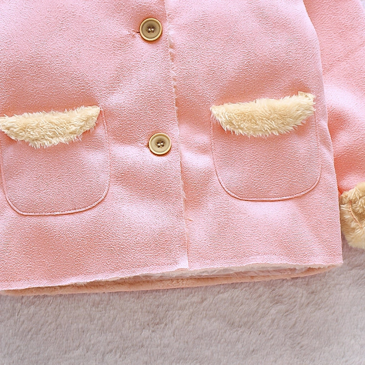 3D Ear Solid Suede and Fleece Baby Hooded Coat Jacket