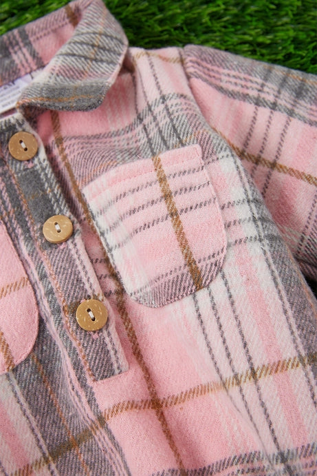 Pink Plaid Fleece Fabric Baby Onesie w/ Snaps