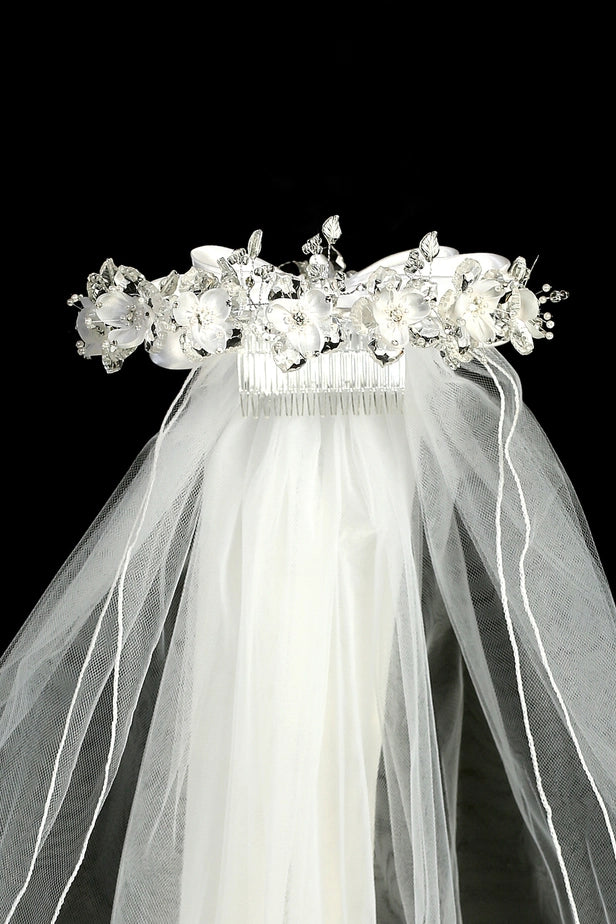 White Flower Rhinestone Crown Veil