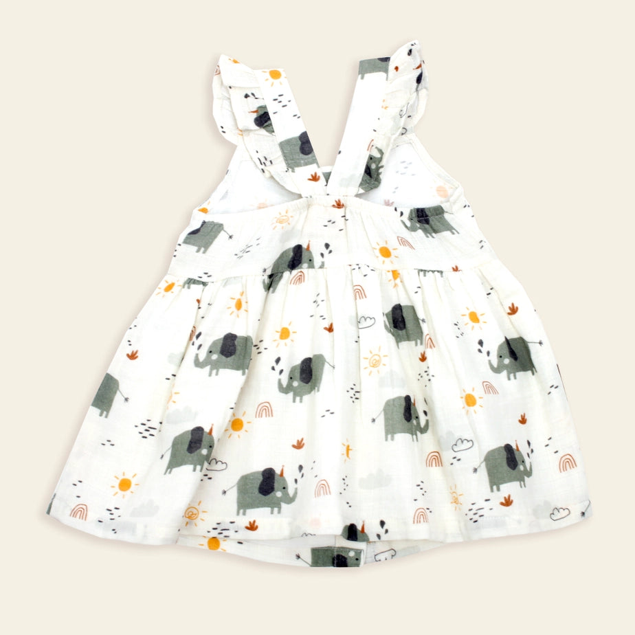 Elephant Button Baby Dress + Bloomer Set (Organic Muslin)