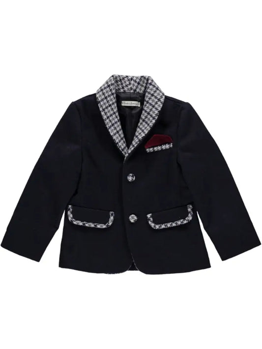 Navy Blue Blazer with Plaid Collar and Details