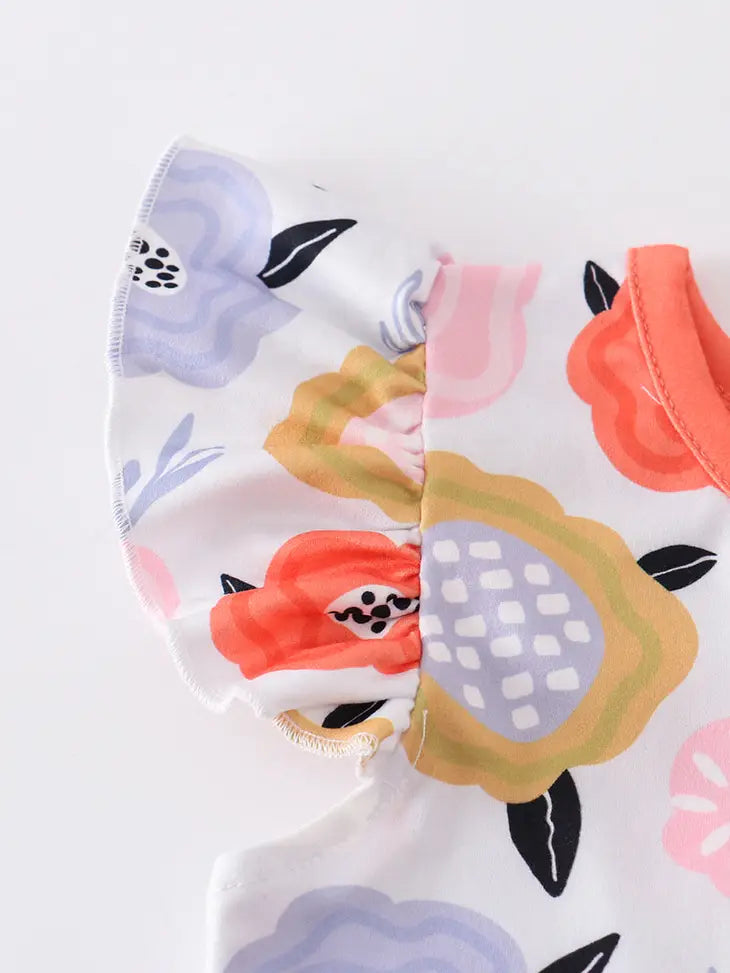Orange Floral Print Ruffle Dress