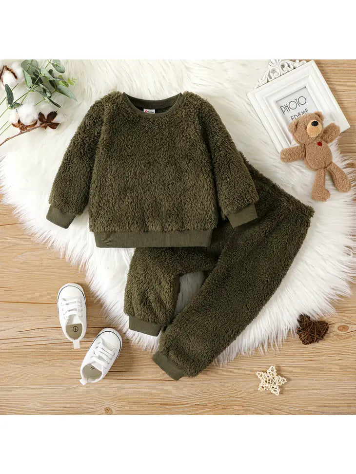 2pcs Baby Boy/Girl Thermal Fuzzy Pullover and Pants Set