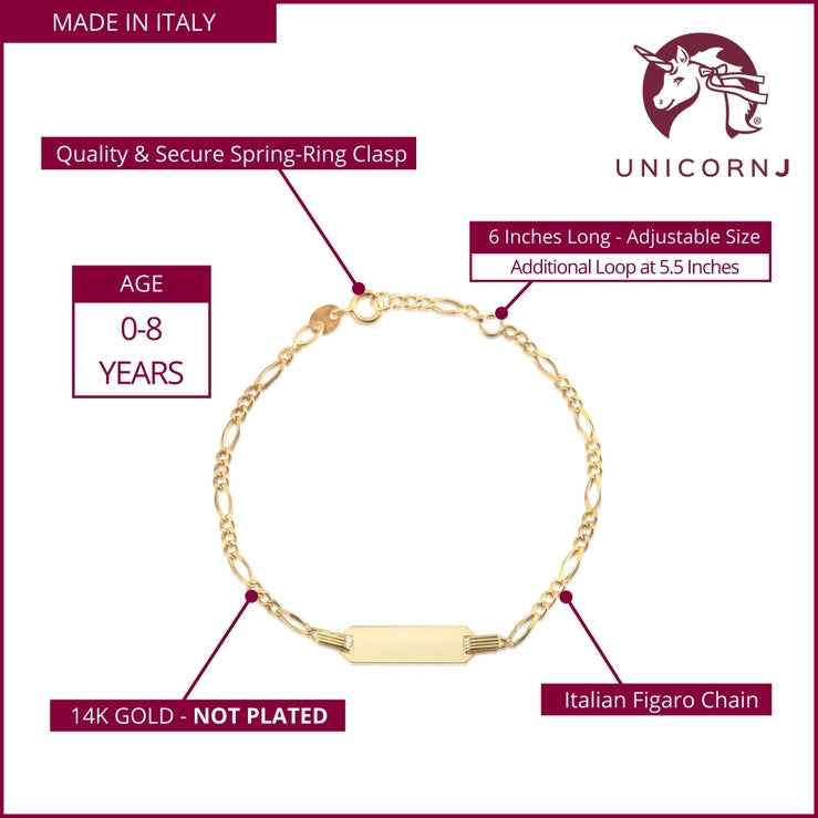 14k Gold Id Bracelet Engravable Girls Boys Kids Baby Figaro
