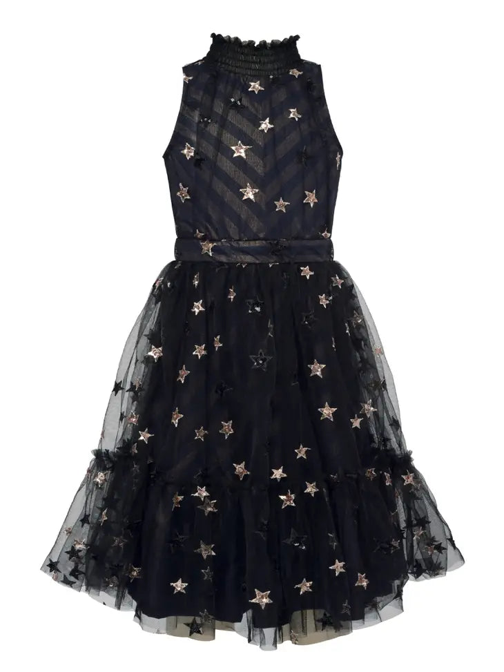 Sequin Star Mesh Overlay Halter Dress