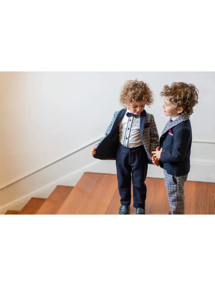 Navy Blue Blazer with Plaid Collar and Details