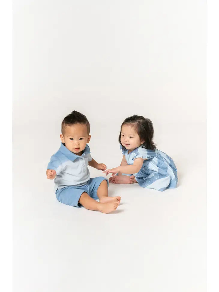 Baby Dress with Knife Pleated Sleeve Ruffle - Blue