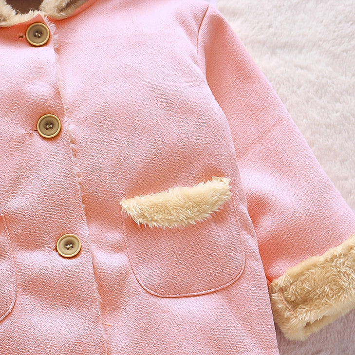 3D Ear Solid Suede and Fleece Baby Hooded Coat Jacket