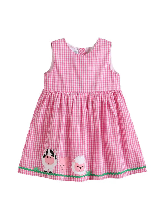 Pink Gingham Farm Animals Baby Dress