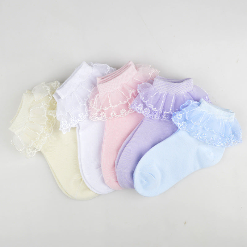 Children cute double lace kids socks 100% cotton school teen socks crew white girls sock