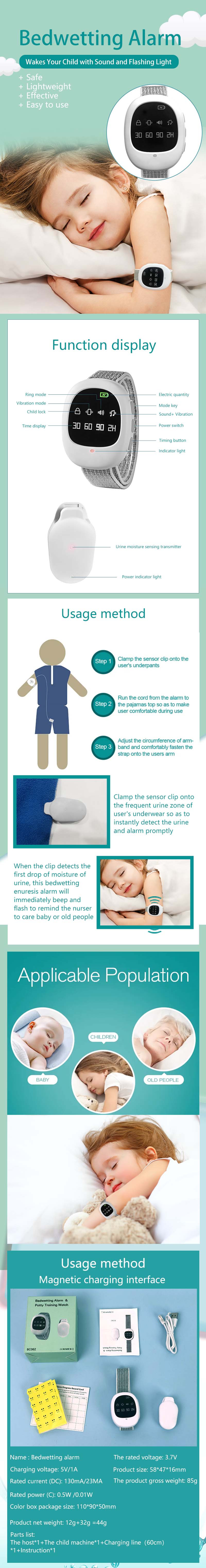 New Recharge Portable Bedwetting Treatment Enuresis Alarm with Smart Baby Diaper Sensor