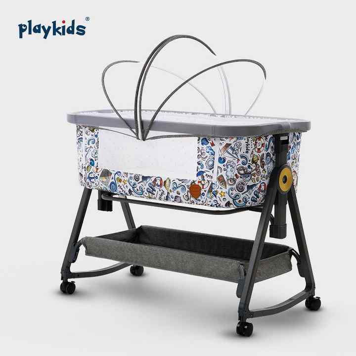 Baby Portable Gery/Bule Bed Foldable Swinging Crib Bedside Cradle Swing Bassinet