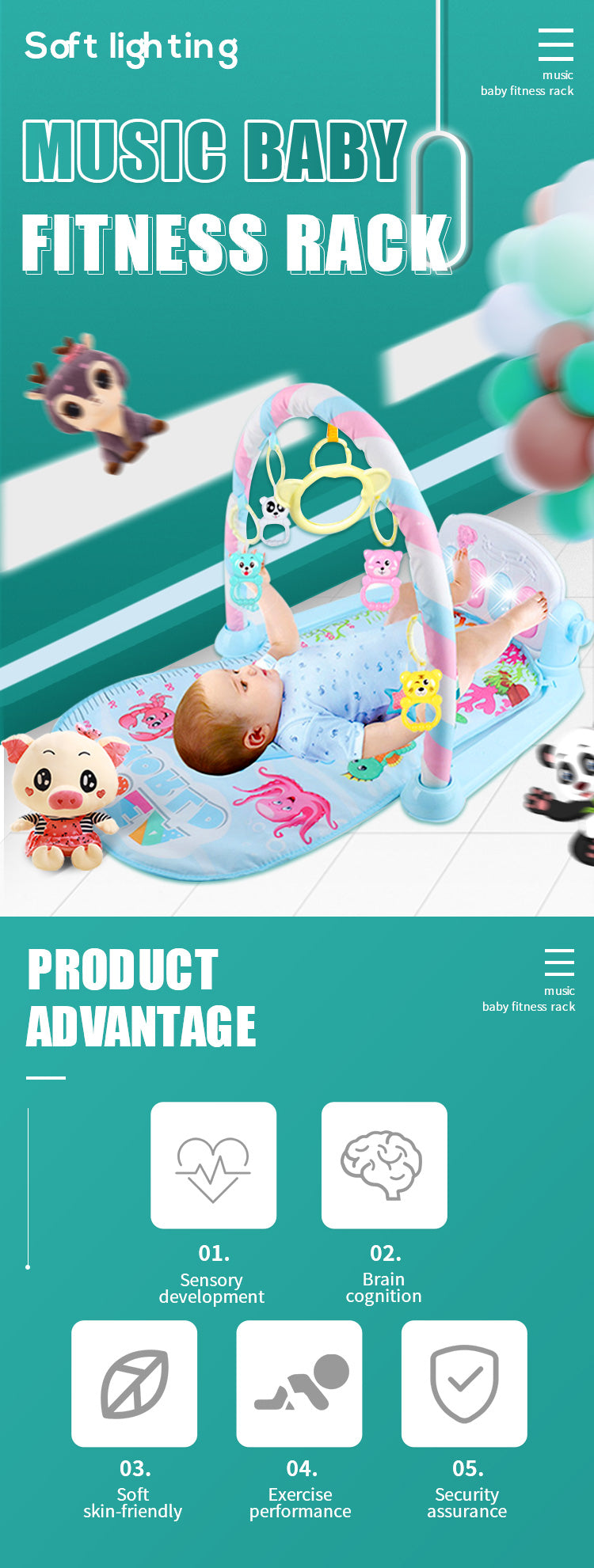Eco-friendly Safety Baby Educational Educational Toys Baby Fitness Musical Piano Mat Play Gym Mat for Babies