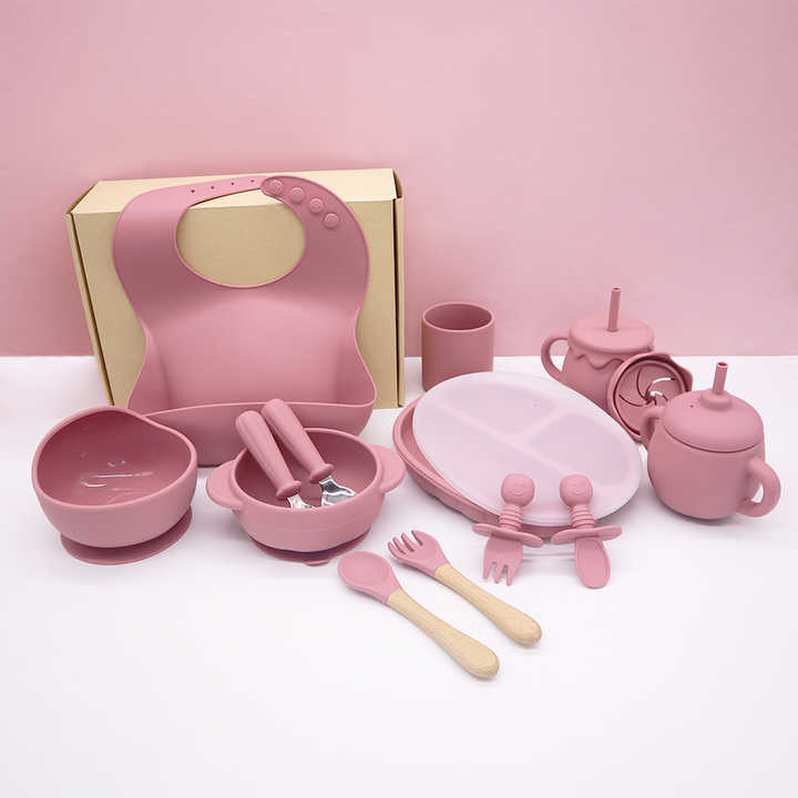 Soft Silicon Toddler Placemat Snack Dinnerware Plate Suction Feeding Food Baby Silicone Cup Bib Bowl with Spoon Set