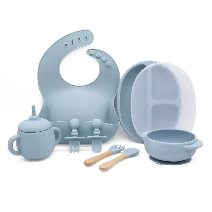 Soft Silicon Toddler Placemat Snack Dinnerware Plate Suction Feeding Food Baby Silicone Cup Bib Bowl with Spoon Set